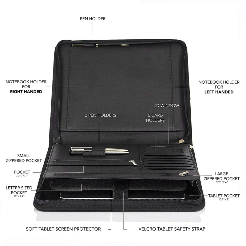 Vegan Leather Folder Zippered Closure Portfolio for Business IPad/Table and Card Interview Resume Binder