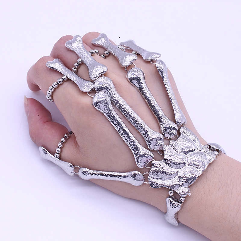 Nightclub Gothic Punk Skeleton Bone Hand Bangle For Women Accessories Metal Skull Finger Bracelets Bangles: silver