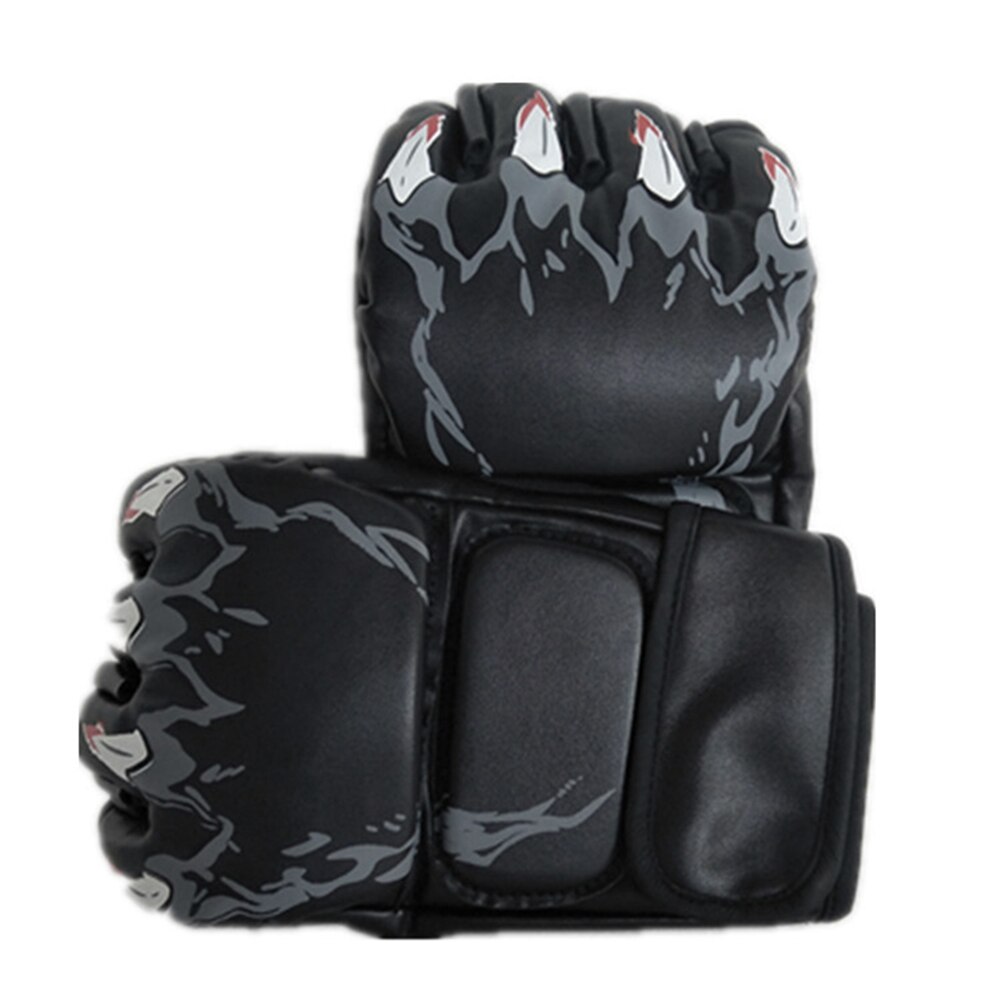 Kampboksehansker sport pu-skinn tykkere semi-finger sanda treningshansker: Svart