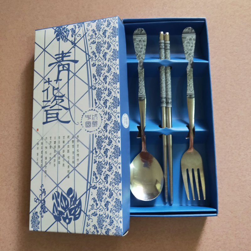 Service bestik sæt inkluderer ske gaffel spisepind flot mønster rustfrit stål rejse middag sæt 3 stk / sæt køkken tilbehør: Blå og hvid