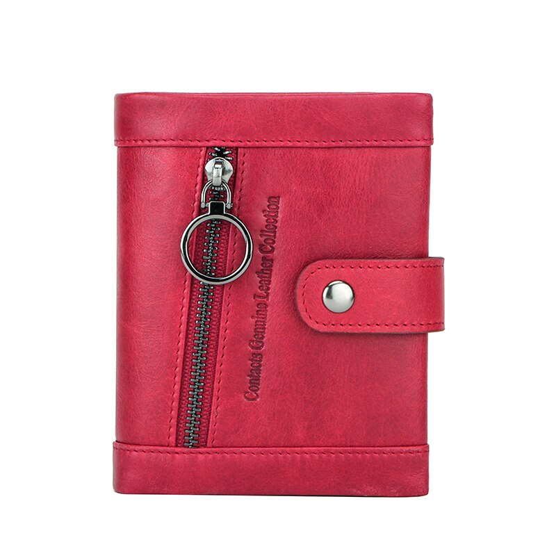 Genuine Leather Women Wallets Short Coin Purse Red Wallet Leather Rfid Card Holder Purse Zipper Female Coin Wallet Men: Red