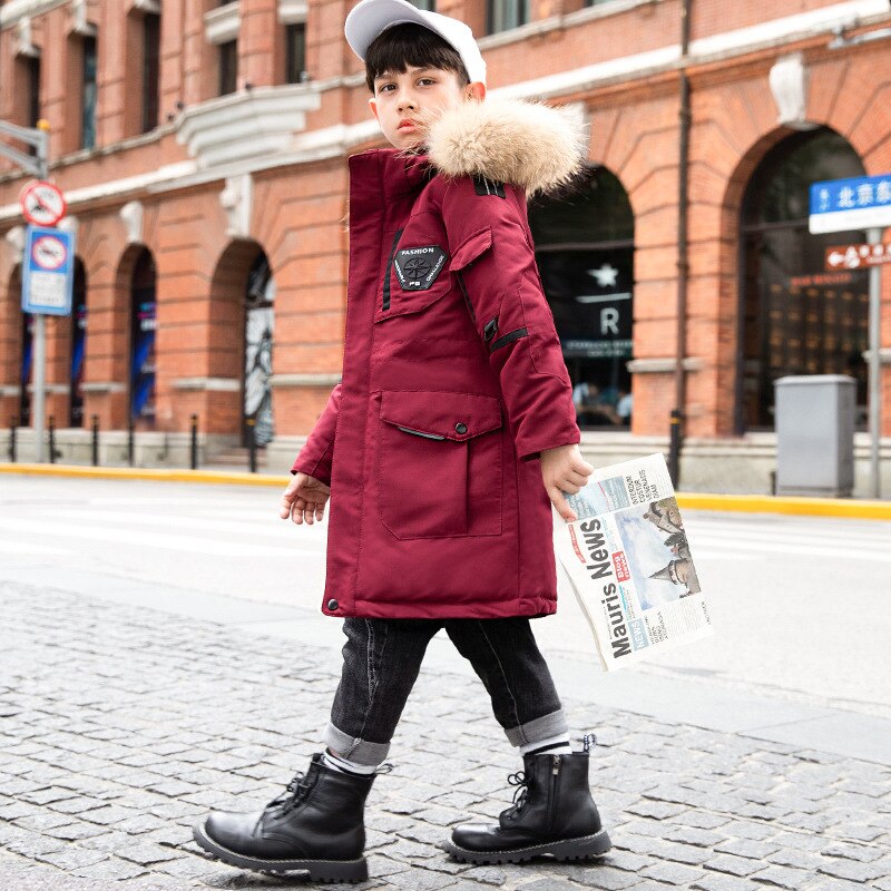 2021 inverno para baixo parkas crianças meninos jaqueta de inverno roupas 6 8 10 12 anos longos meninos snowsuit outwear pele hooed casaco quente roupas: Wine Red / 5