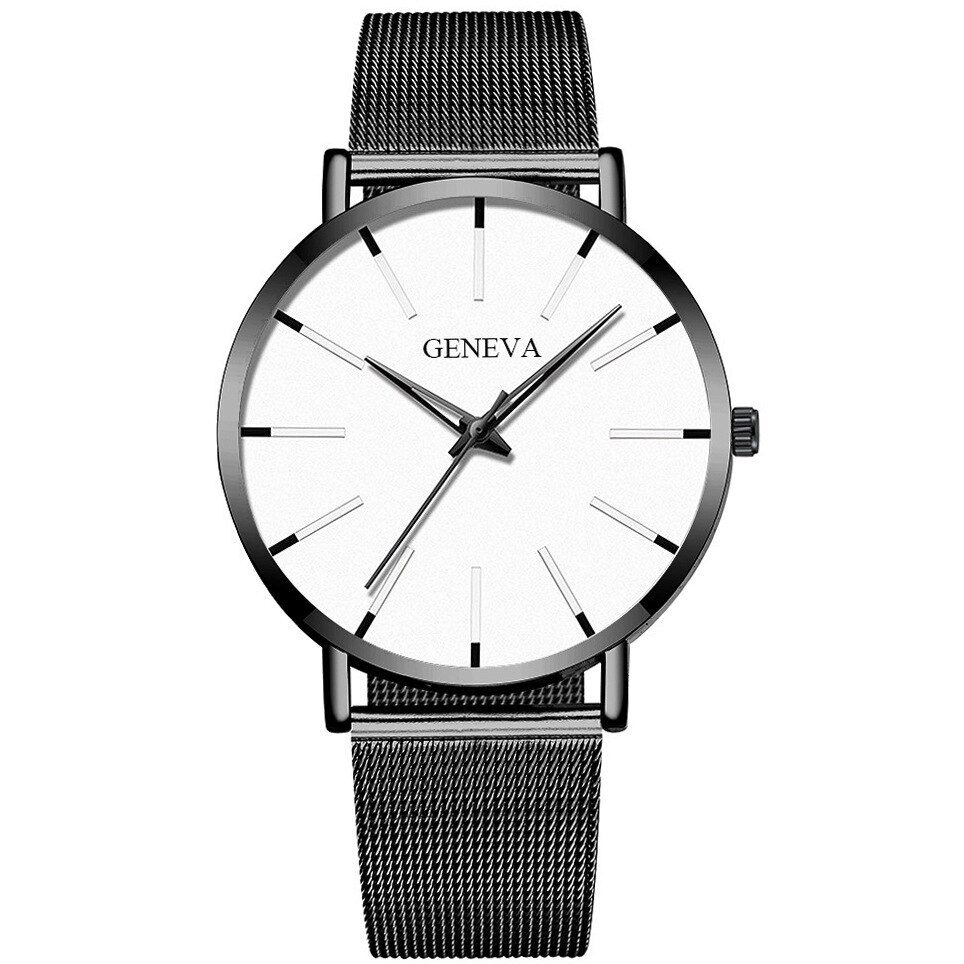 Minimalistiske herre ultra tynde ure simple herre business rustfrit stål mesh bælte kvarts ur relogio masculino: Sort hvid
