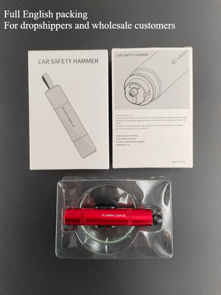Emballage anglais complet pour grossiste Dropshipper 2 en 1, marteau de sécurité pour voiture, brise-verre d'urgence, outil de sauvetage pour couper la ceinture de sécurité
