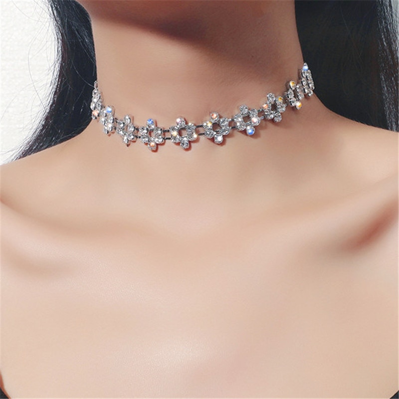 FYUAN Hollow Flowers Crystal Choker Necklaces for Women Geometric Rhinestones Chain Necklaces Statement Jewelry