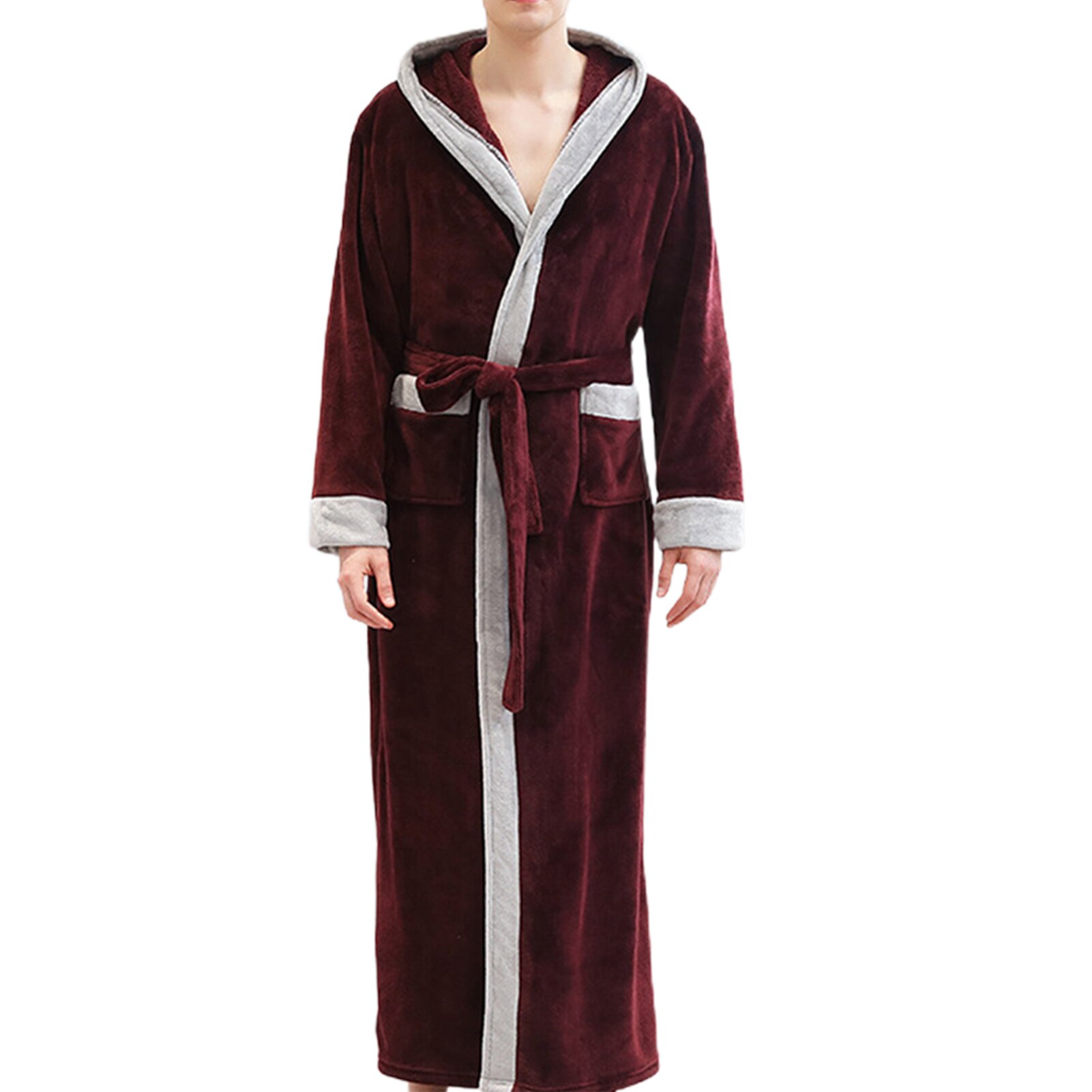 Men Autumn Winter Flannel Long Sleeve Maxi Bathrobe Pockets Hooded Sleepwear