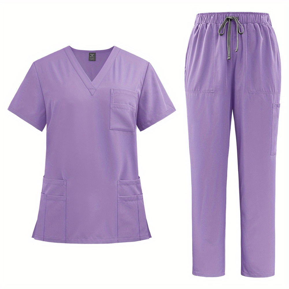 Conjunto de dos piezas de uniforme de enfermera neutro y uniforme de hospital con cepillo de mano para enfermeras, médicos y personal de enfermería: L / Azul