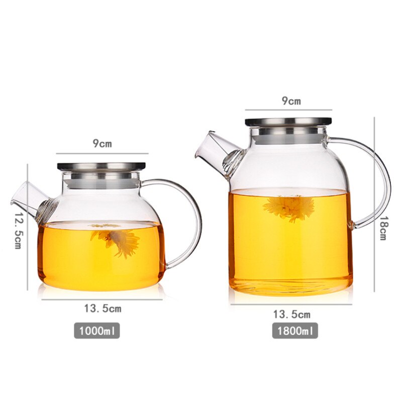 1000ml/1800ml Heatable Glass Kettle Water Jug Heat-Resistant Teapots with Stainless Steel Cover Transparent Juice Container
