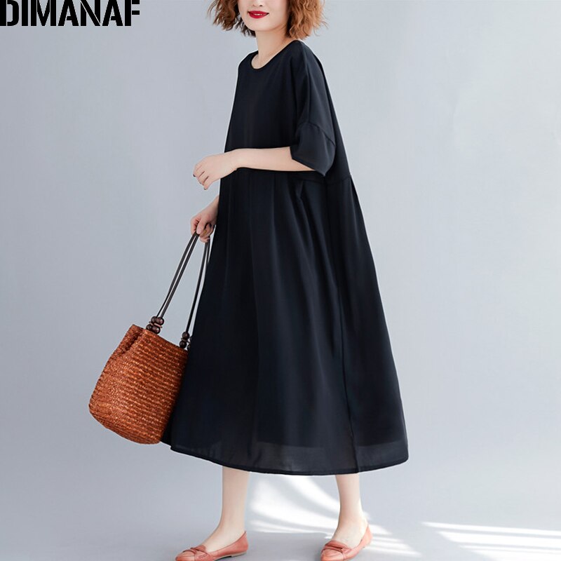DIMANAF vestido para mujer en tallas grandes negro verano estilo Casual vestido de gran tamaño mujer dama Vestidos de algodón vestido básico 5XL