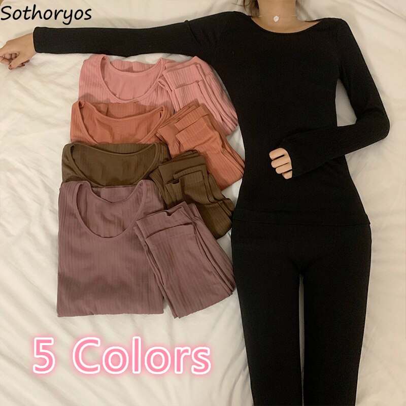 Women Thermal Underwear Sets High Elastic Female Long Johns Simple Couples Basic Thin Winter Skinny Undershirts Lounge Wear Chic