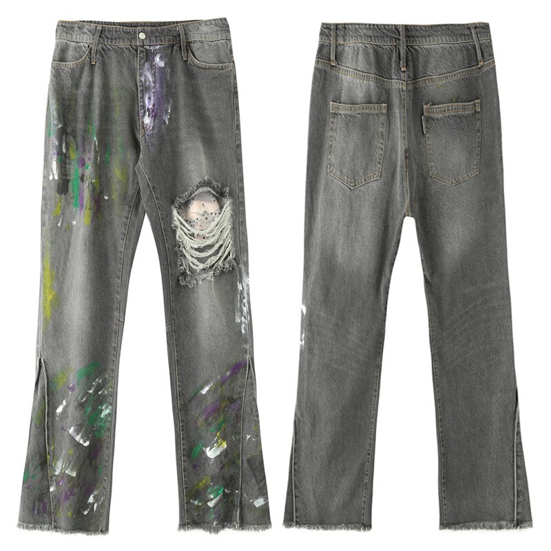 Hip hop graffiti denim flare bukser herre afslappet lynlås revet hul efterår vinter streetwear lange bukser joggers jeans: Sort / L
