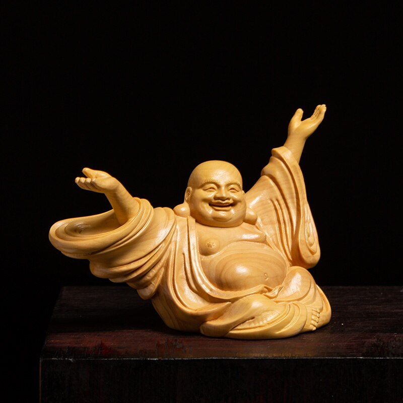 Kinesisk glede ler buddha skulptur statue håndskåret massivt tre buddha statue hjem dekorasjon figurer