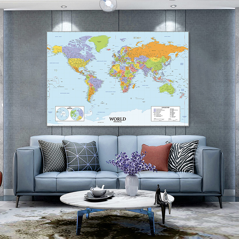 140*100cm The World Map with Details Unframed Prints Wall Art Poster Non-woven Canvas Painting School Supplies Home Decor