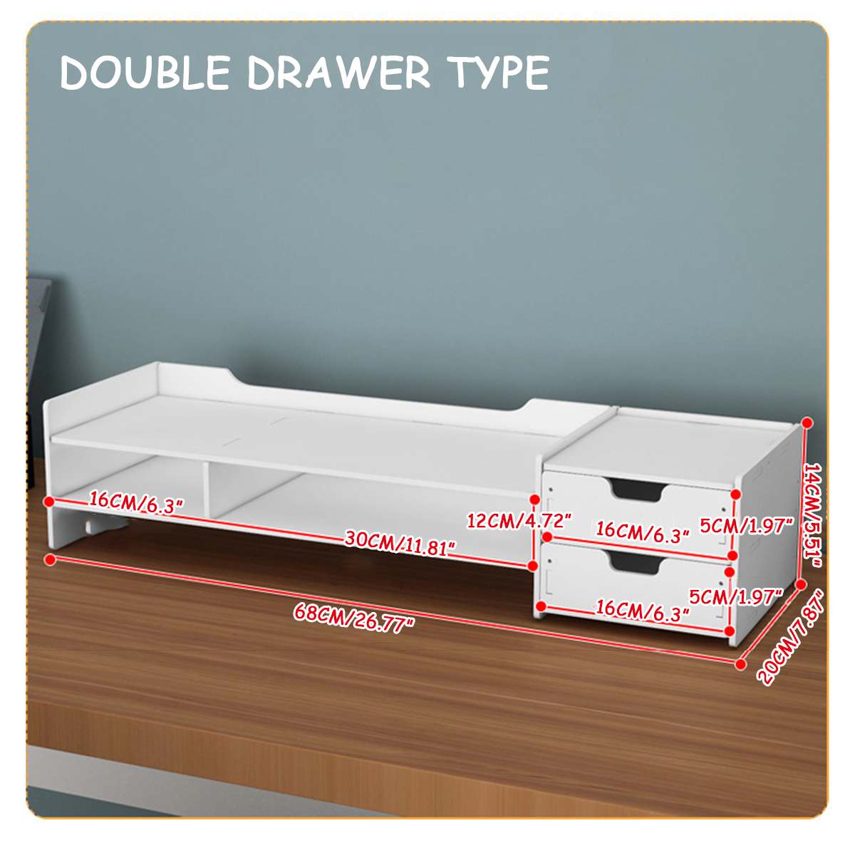 2-Tiers Wooden Computer Desktop Monitor Stand Shelf PC Monitor Riser For Notebook TV Screen Riser With Storage Organizer Shelf: Double drawer type