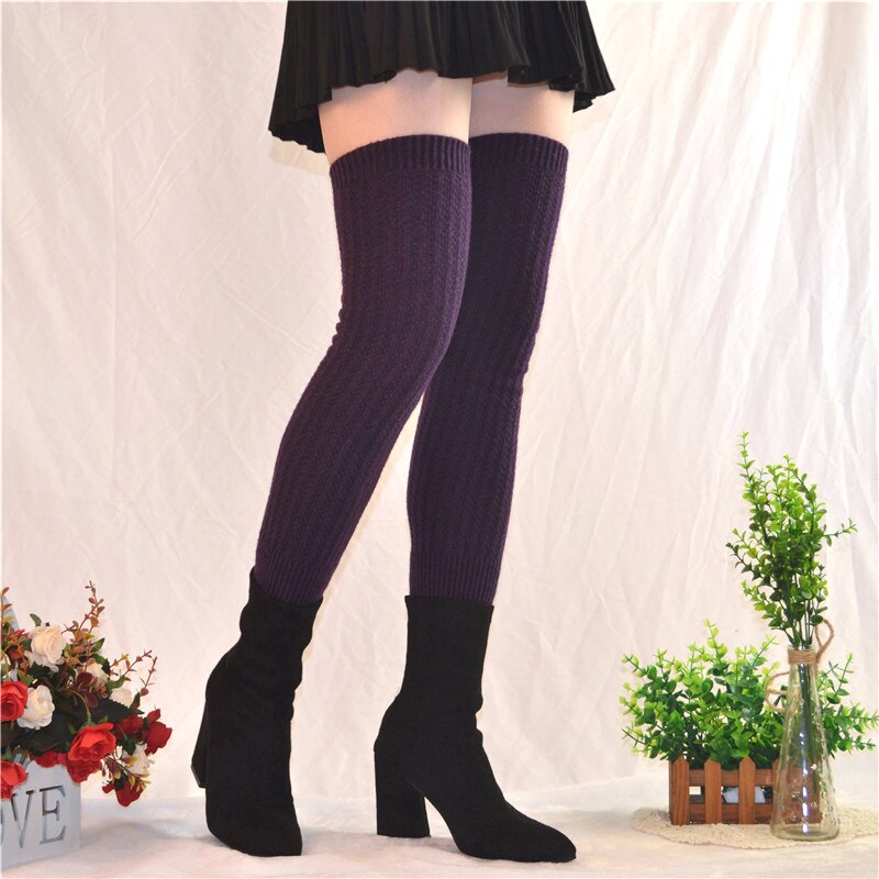 Femmes Fine laine solide jambières tricot doux botte guêtre haute genou manches hiver automne jambières botte Topper bas: 7Dark Purple