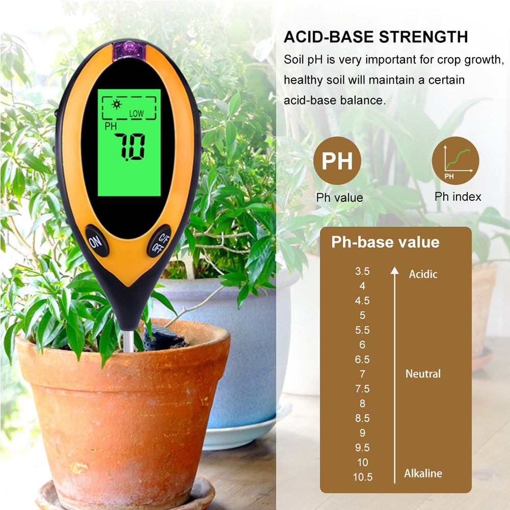 4 en 1 numérique ph-mètre sol humidité moniteur mètre température lumière du soleil intensité mesure analyse acidité alcali outil