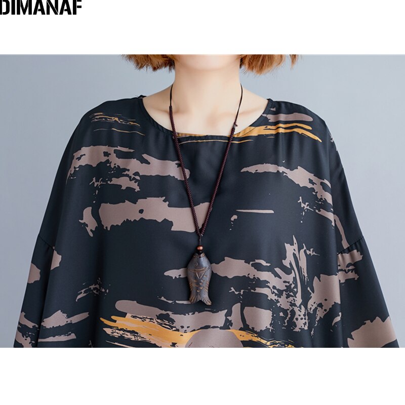 DIMANAF Plus Size Vrouwen Jurk Print Herfst Vintage Vestidos Chinese Stijl Elegante Vrouwelijke Lady Lange Mouwen Oversize Losse Jurk