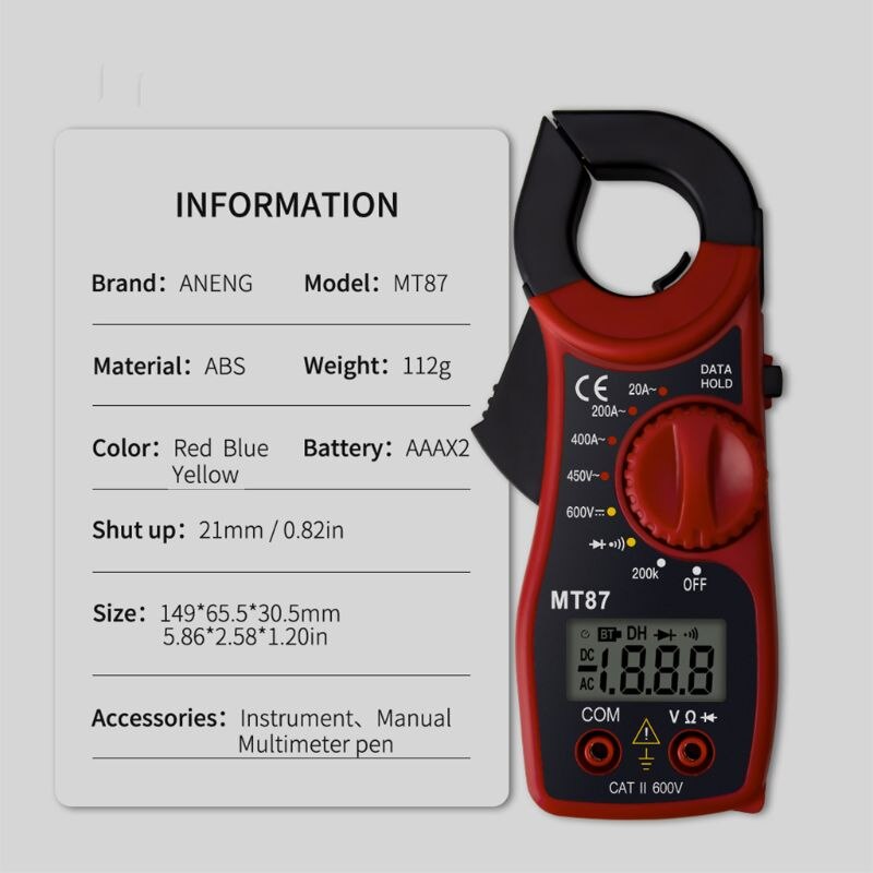 MT87 Portable LCD Digital Clamp Meter Multimeter AC/DC Ammeter Voltmeter Resistance Tester Clamp Meter