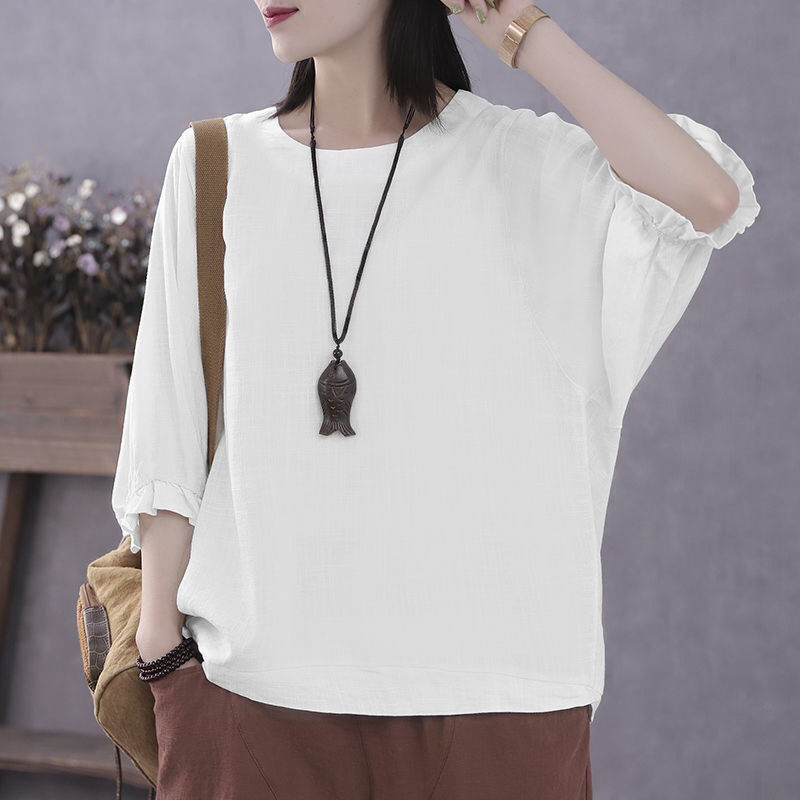 Zomer Losse Casual Batwing Halve Mouw Ruches Shirt Dames O Hals Effen Kleur Top Dames Oversized Pullover Blouse Femme