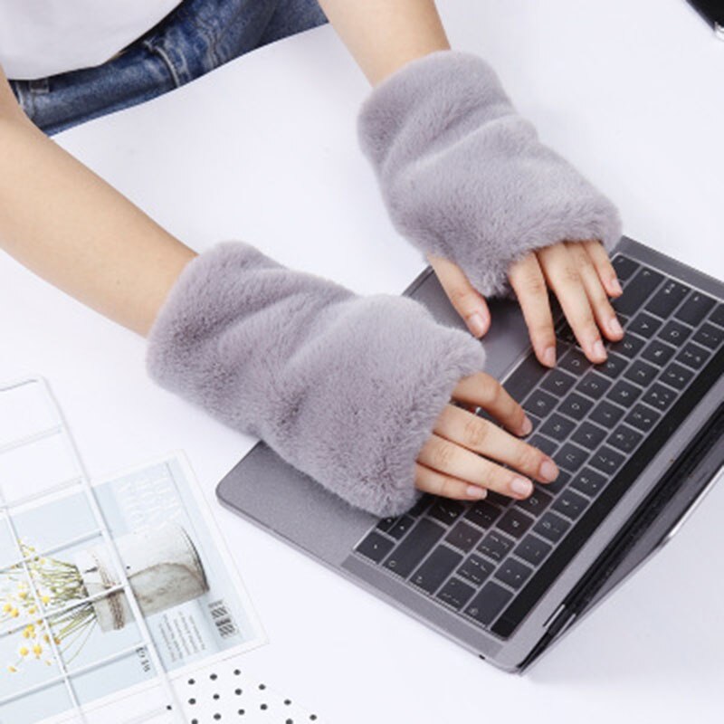 Winter touchscreen handschoenen vrouwelijke faux fur konijnenbont half vinger luipaard handschoenen vrouwelijke dikke leuke pluche schrijven warme handschoenen e91: Gray