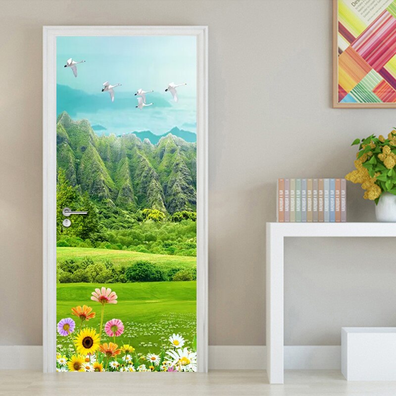 Grassland Flowers Door Sticker Nature Wall Mural Wallpaper Living Room Bedroom PVC Waterproof Self-adhesive Door Poster Stickers