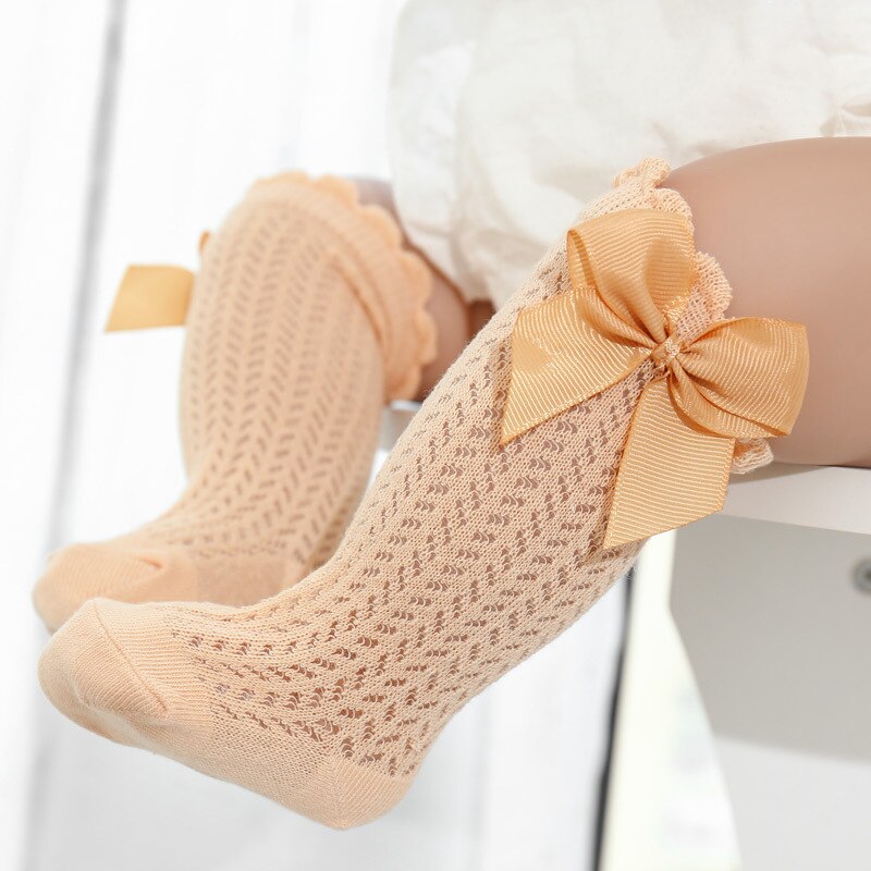 2022 Summer Baby Girls Socks Cute Big Bows Soft Cotton Elastic Solid Color Mesh Newborn Socks Knee High Long Toddler Girl Socks: YELLOW