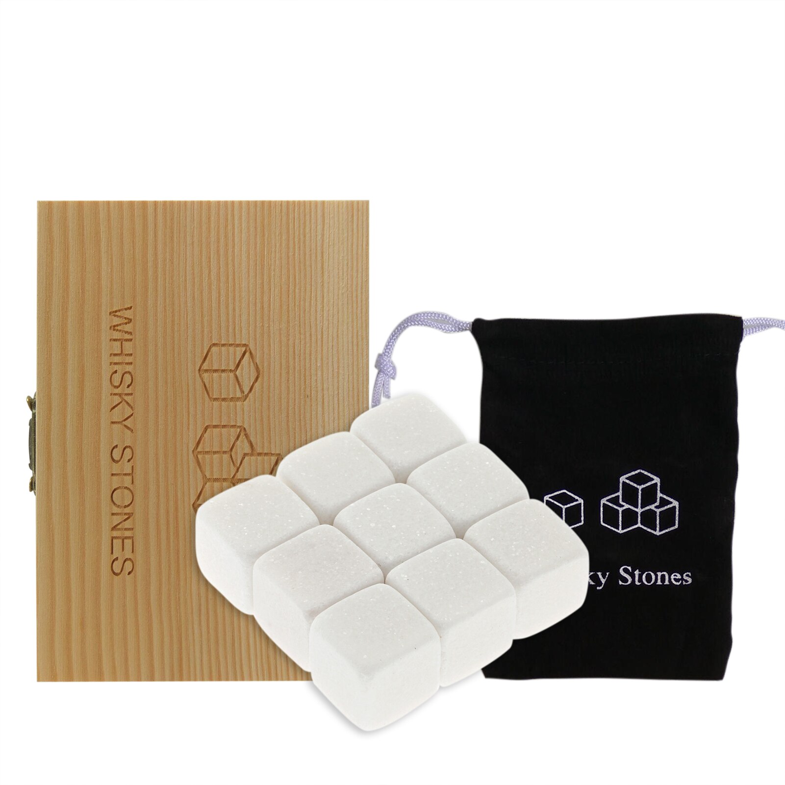 Whiskey Stones Set 9 Granite Whiskey Chill Rocks with Wooden Box and Velvet Bag Wine Stones Reusable Wine Chillers Whisky Stones: White