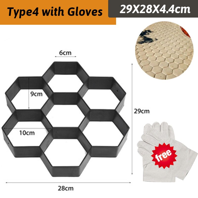12Type DIY Garden Walk Pavement Mold Reusable Path Maker Concrete Molds Manually Paving Cement Brick Stone Road Concrete Molds: Type4 with Gloves