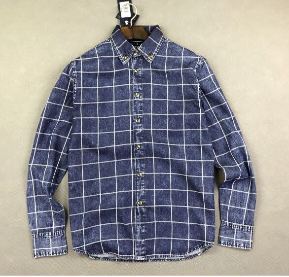 Mannen Mode Losse Enkele Breasted Water Wassen Vintage Jean Katoen Toevallige Plaid Shirt: Xl