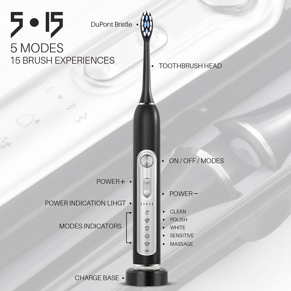Brosse à dents électrique Sonic pour femme, MUTTUS MTS3800 étui de voyage activer, 6 têtes de brosse, 5 Modes 15 expérience de brossage