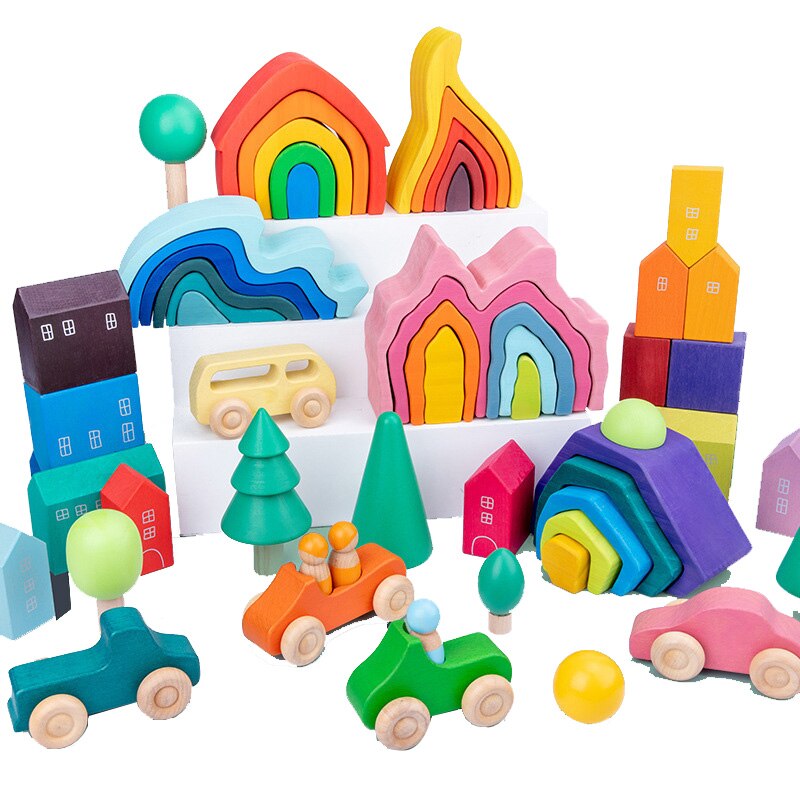 12Pcs Wood Building Blocks Wooden Rainbow Wood Stack Toy for Children Montessori Educational Toy Baby Toys Kids Large