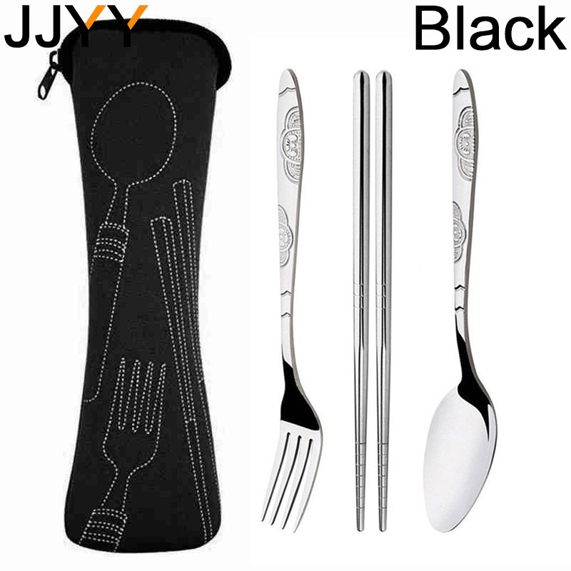 JJYY-Juego de vajilla portátil, cuchillos impresos, tenedor, cuchara, acero inoxidable, familia, Camping, carne, cubiertos, vajilla con bolsa, 4 Uds./3 uds.