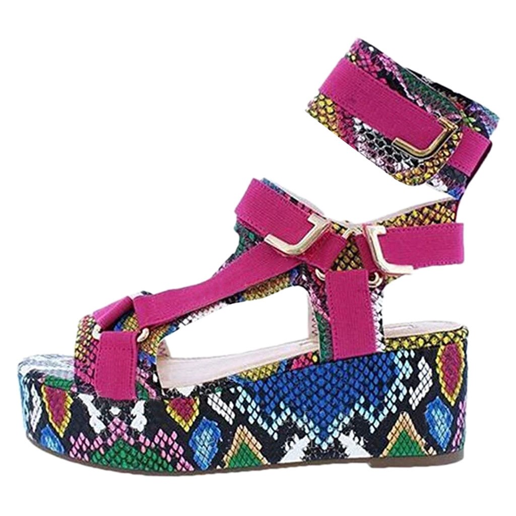 Sandalias de plataforma para mujer, zapatos planos para playa con punta abierta, correa de tobillo, piel de serpiente, cuero transpirable, informales