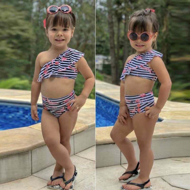 Summer Kids Girl Two-Piece Swimsuits Stripe Flamingo Swimwear Child Girl One Shoulder Tops Swim Bottoms 2Pcs 0-4Y