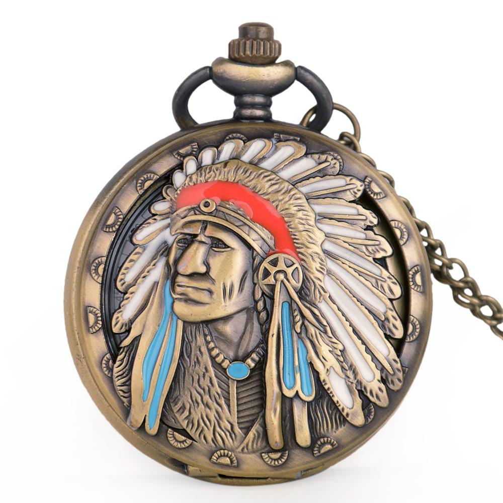Bedste salg gamle indiske gamle mand farverige portræt kvarts fob lommeur bronze vedhæng halskæde kæde souvenir