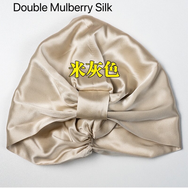 100% puro seda amoreira elástica noite boné amoreira seda envoltório de cabelo dormir gorro para mulher 19 momme sleeping cap único/duplo: Dark beige 02