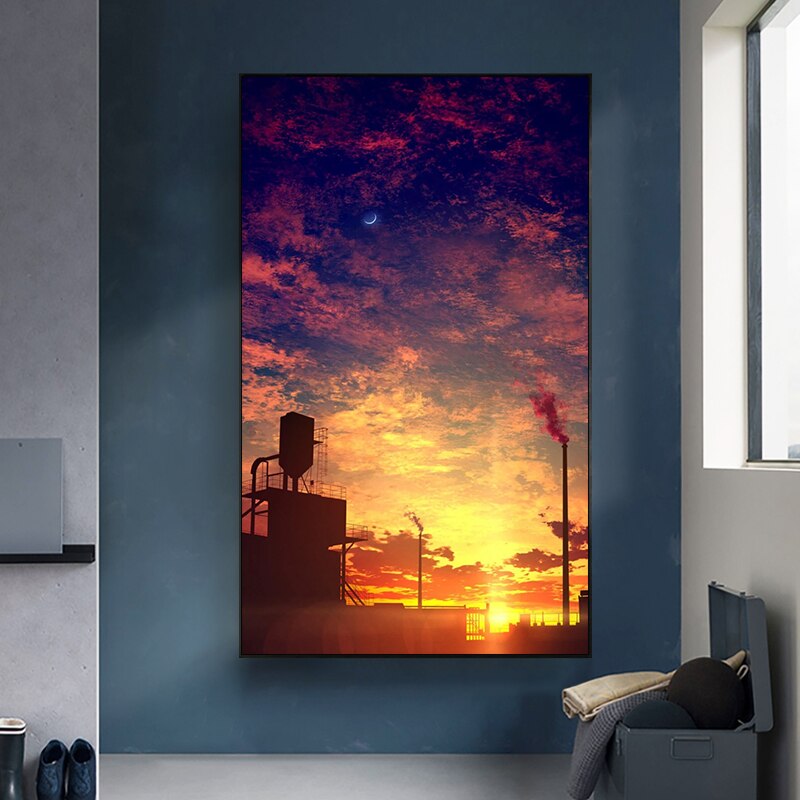Schilderen op nummer kunst handgetekende illustratie landschap schemering lucht roze wolken huis gang decoratief schilderij