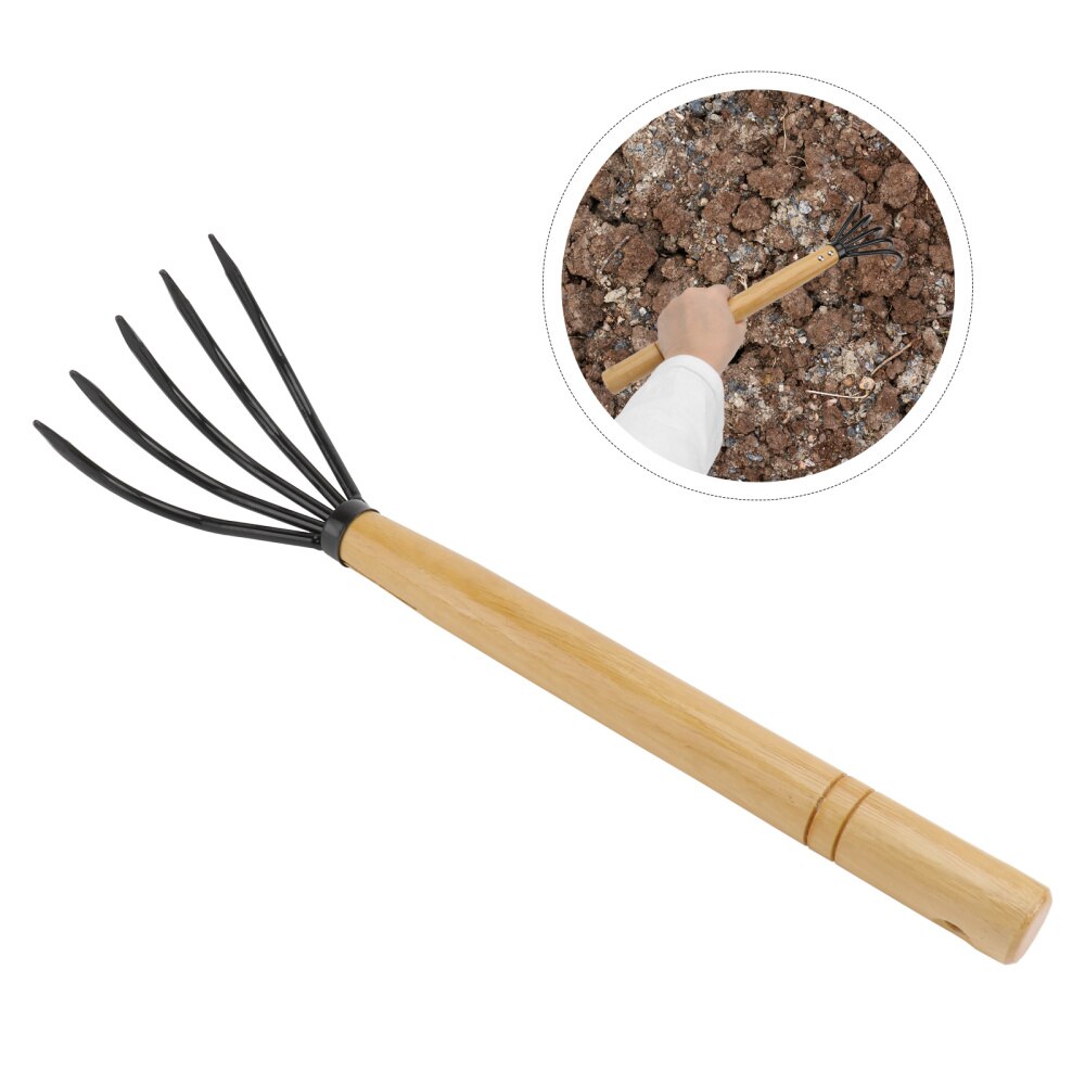 1pc Garden Fallen Leaves Rake Carbon Steel Five-tooth Rake Cleaning Tool(Black): Default Title