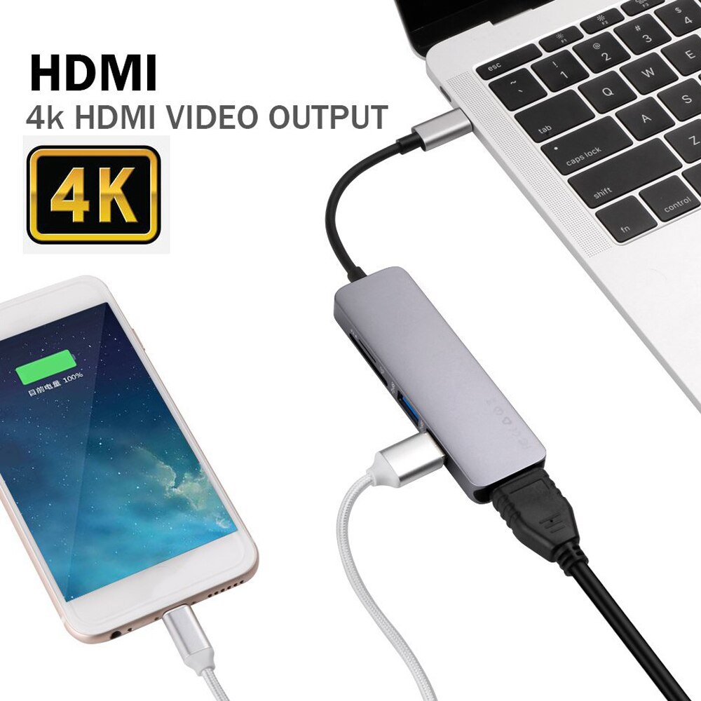 Adaptador Hub 4K 30Hz 1080P salida de vídeo tipo C para MacBook USBC a HDMI 2 USB 3,0 5Gbs SD TF ranura para tarjeta