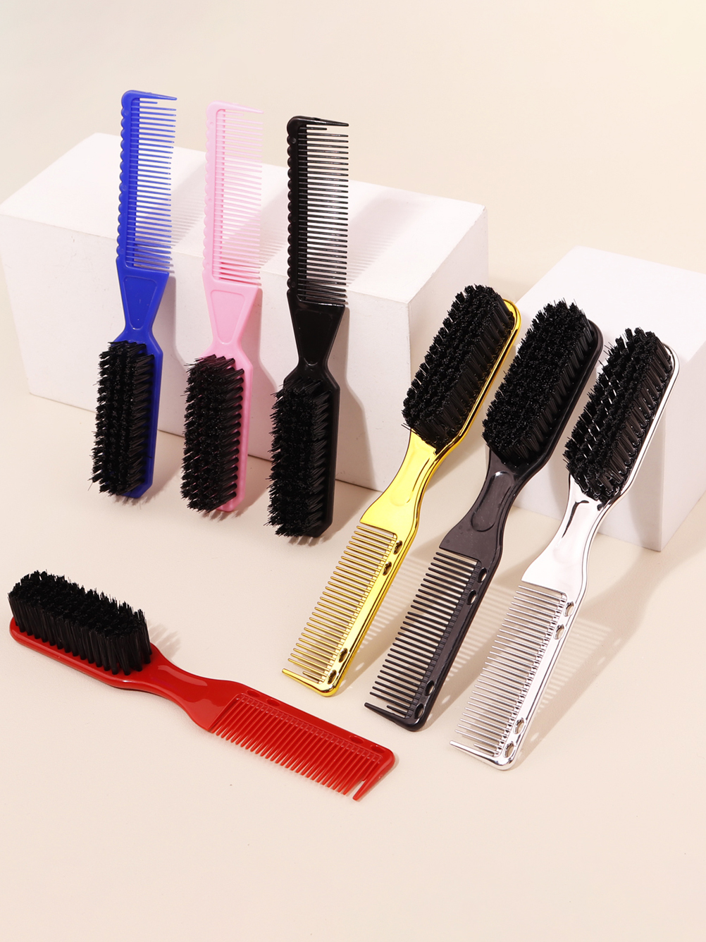 1 Stück doppelseitige Kammbürste, kleine Bart-Styling-Bürste, professionelle Rasierpinsel, Friseur, Jahrgang-Schnitzreinigungsbürste