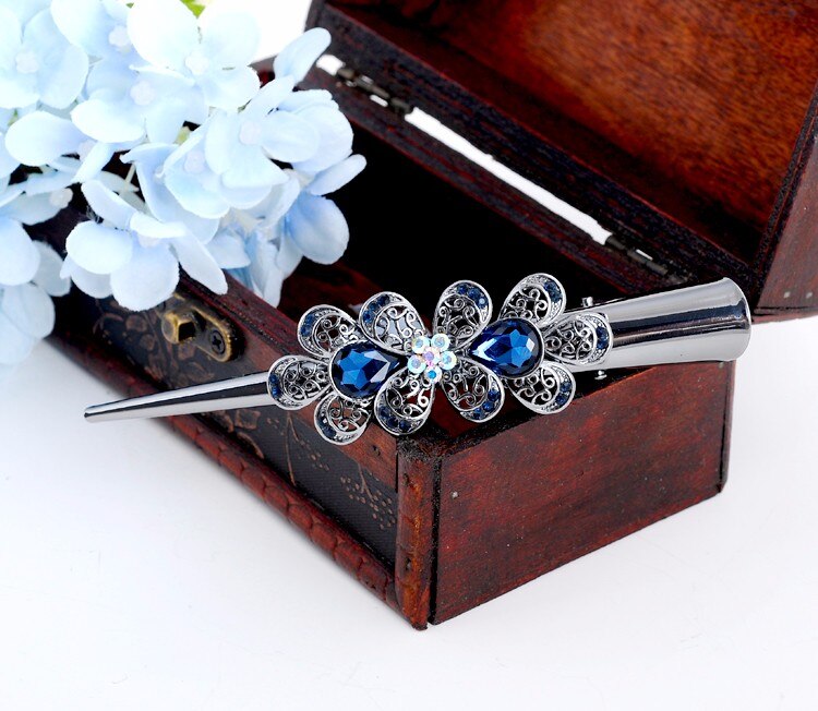 Retro Hair Jewelry Rhinestone Crystal Flower Hairgrips Hair Clips Women Hair Accessories: blue