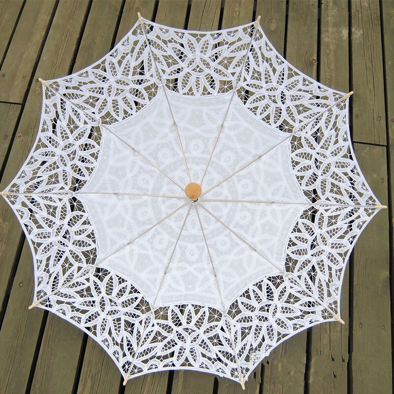 Handgemachte Stickerei Spitze Sonnenschirm Regenschirm Frauen Hochzeit Braut Foto Weiß Baumwolle Holz Griff Dekoration Regenschirm