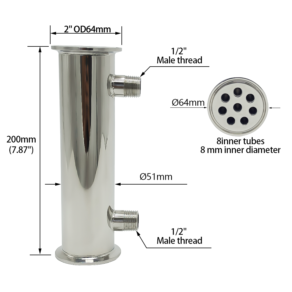 Dephlegmator 2" 51mm(OD64mm)304Stainless Steel Reflux Condenser Height 200mm Inside 8 Tubes For Moonshine Distillation Column: Default Title