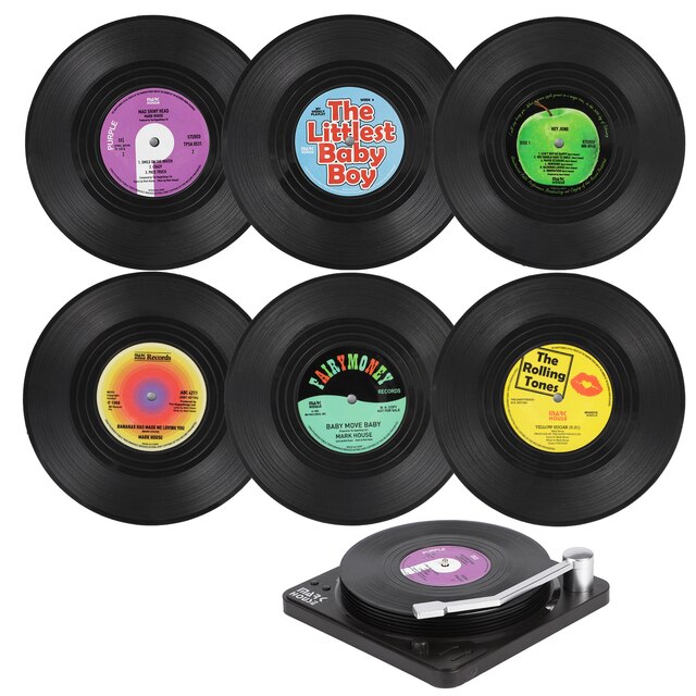 6 Pcs Retro Onderzetters Vinyl Cd Fun Drinken Koffie Onderzetters Speler Houder Desktop Bescherming Hittebestendige Anti-Slip Mat home Decor onderzetters onderzetter coaster coasters marmer onderzetter bekerhouder kers: 6pcs A with holder