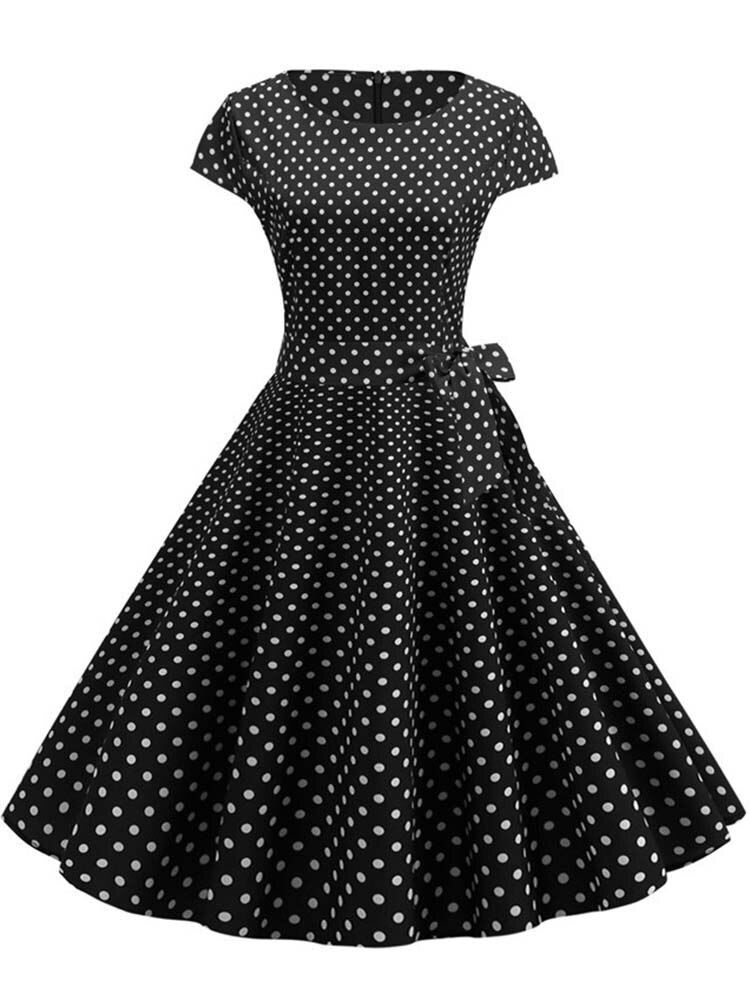 Vestido de verano de lunares negros Retro para mujer, Túnica de mujer, vestido de Vintage de los años 50 y 60, vestido de de Rockabilly de talla grande: XL / 010