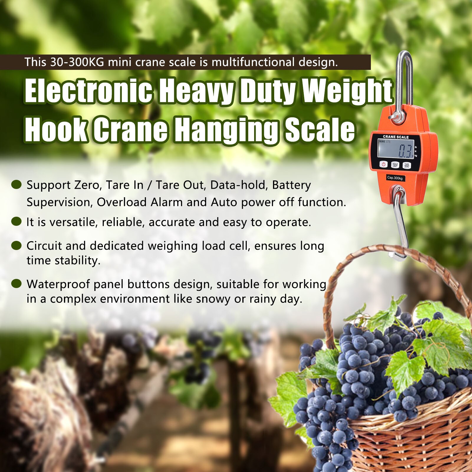 Mini LCD Digital 30-300kg Portable Industrial Electronic Heavy Duty Weight Hook Crane Hanging-Scale Home Hanging Scale