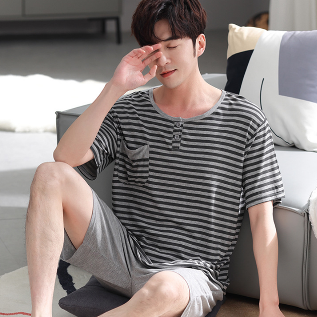 Conjunto de pijama de talla grande 3XL para hombre, pantalones cortos de verano de dos piezas, ropa de dormir de manga corta de algodón, ropa de dormir a rayas para el hogar MY450: Y6017 Stripe / XXL