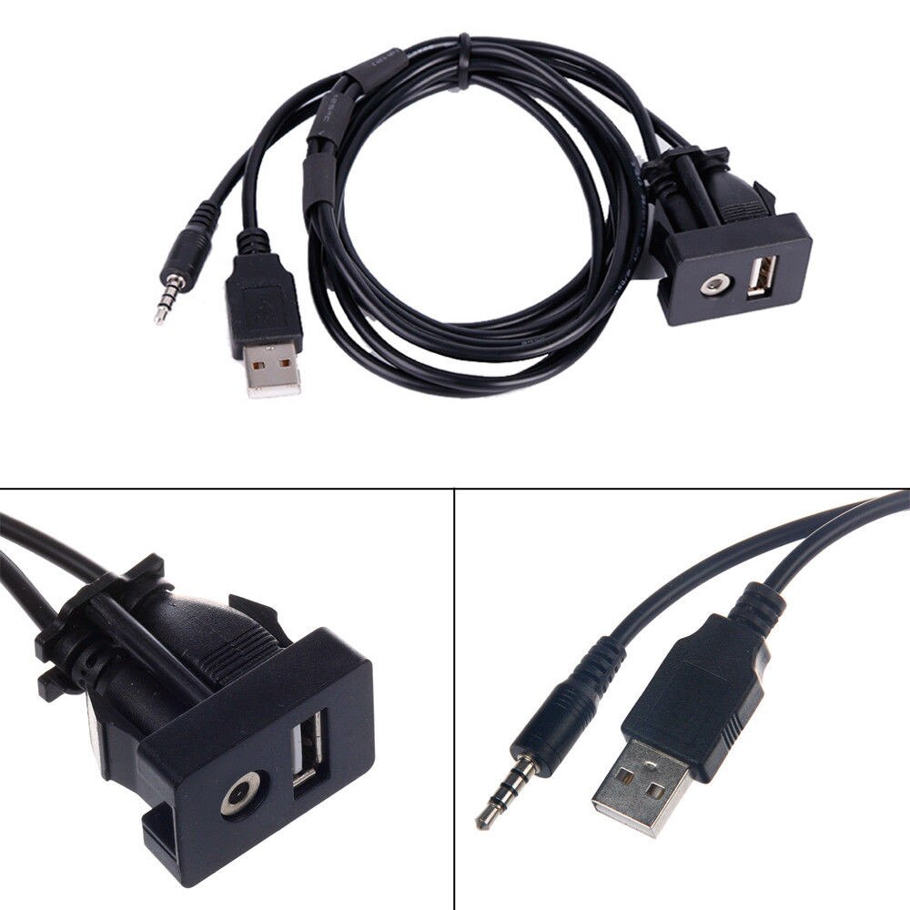 Audio AUX Cable Black USB Port Connection Dashboard Extension Flush Mount