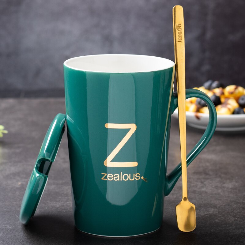 couple ceramic mug with lid spoon trend men and women household drinking cup personality milk coffee tea cup cup: Z