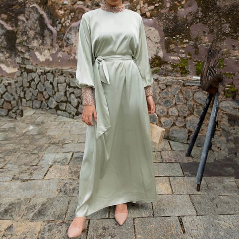Eid Satijn Kralen Abaya Jurk Moslim Vrouwen Zomer Mode Stand Kraag Lange Mouw Elegante Vintage Lange Maxi Jurk Bescheidenheid
